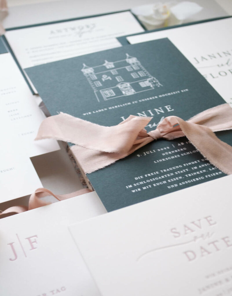 Set of stationary. Einladungskarten zur Hochzeit im Letterpress und Heissfolienprägung, edelste Materialien und Druck, Hochzeitspapeterie Einladung zur 