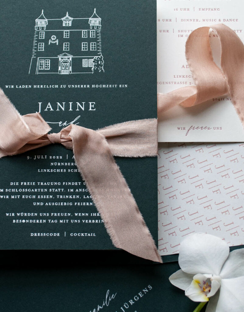 Seidenbänder halten die Karten zusammen, Einladungskarten zur Hochzeit im Letterpress und Heissfolienprägung, edelste Materialien und Druck, Hochzeitspapeterie 