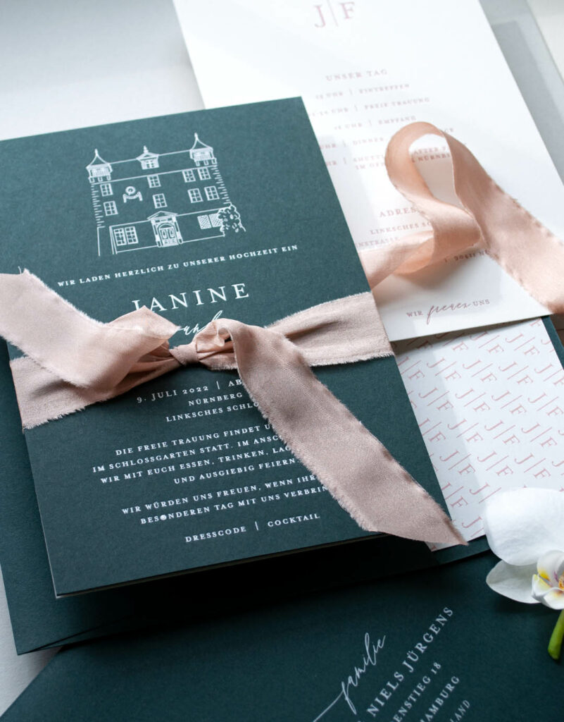 Hochzeitslocation, illustration, Zeichnung Schloss, Seidenband, Prägung infokarten letterpress, blush silk, Printed envelope weissdruck