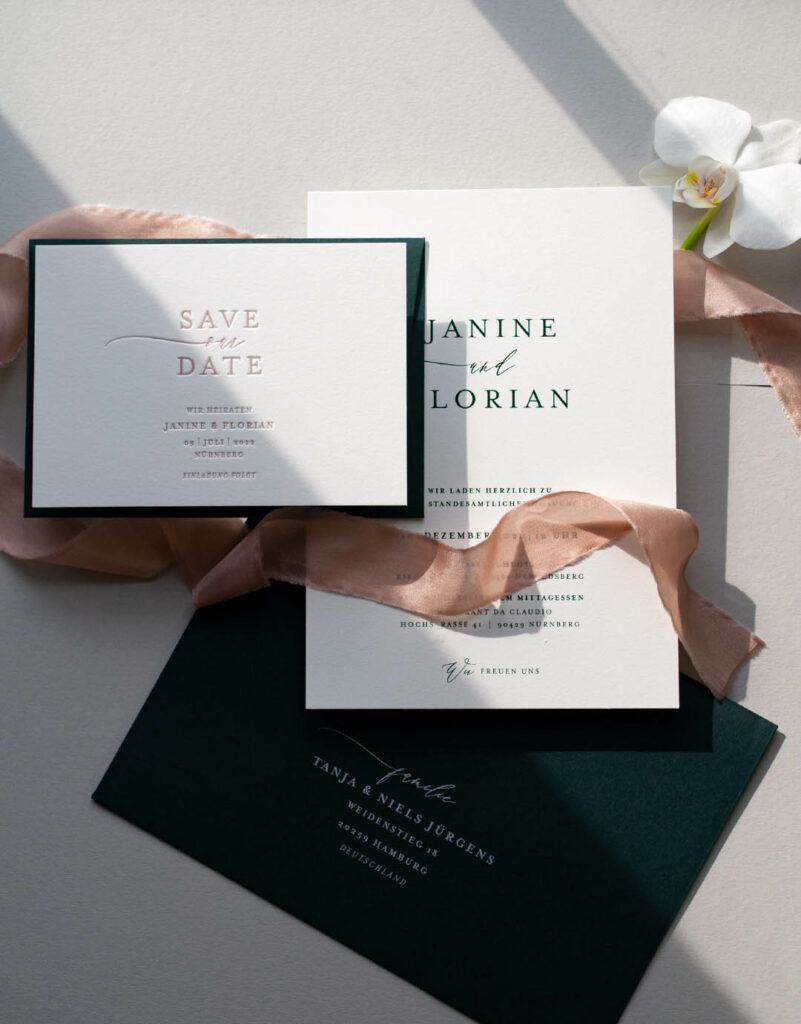 Save the Date, civil Wedding, Einladung standesamtliche Trauung, , Seidenband, Prägung letterpress, blush silk, Printed envelope weissdruck