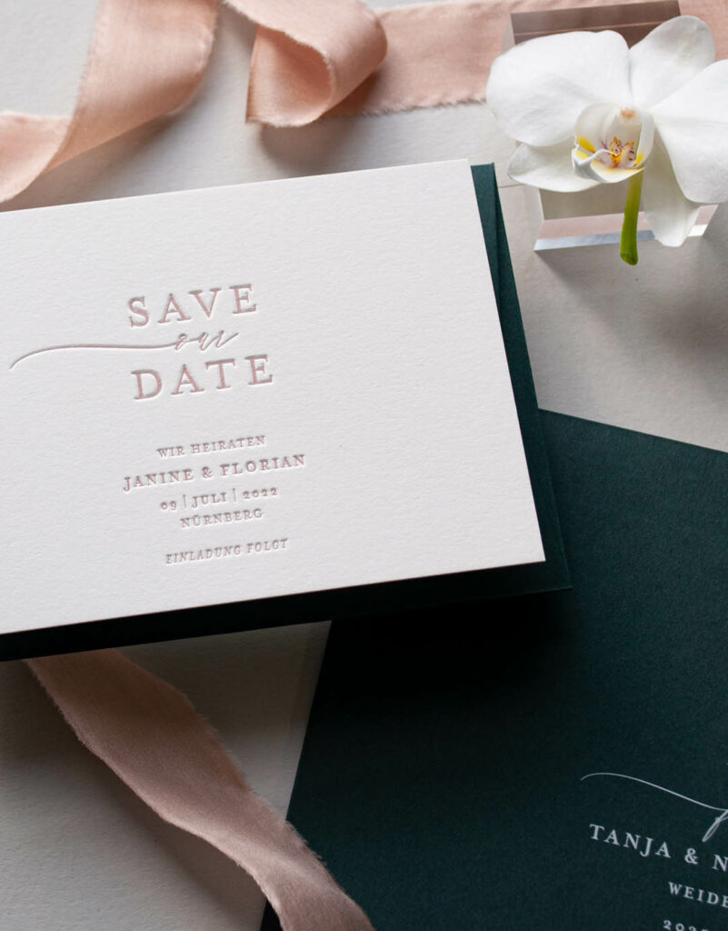 Save the Date, Seidenband, Prägung letterpress, blush silk, Printed envelope weissdruck